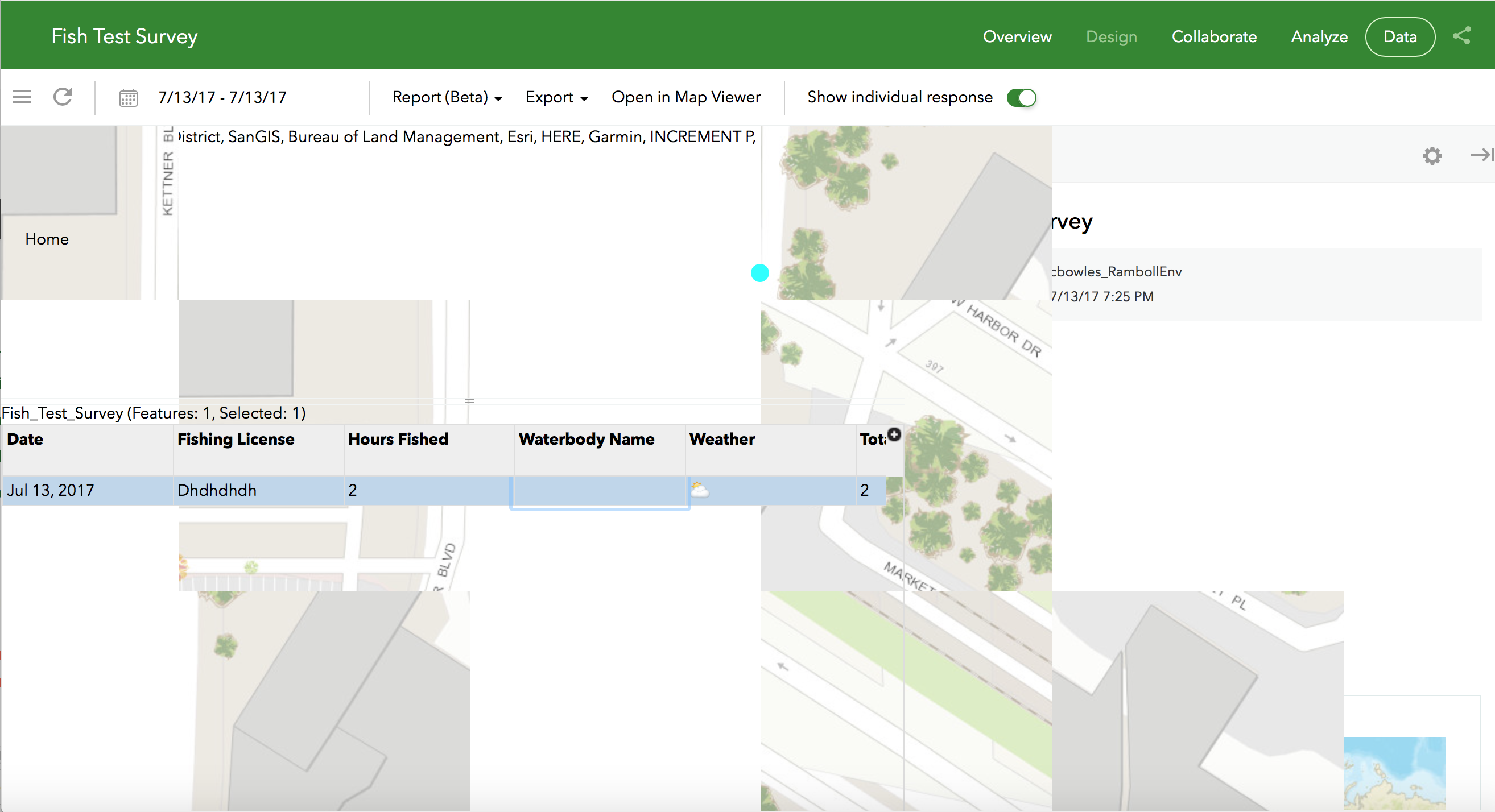 Example of the map loading over the table and individual response